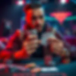 A player folding a Royal Flush in a poker game, showing a concerned expression while holding their cards and chips.