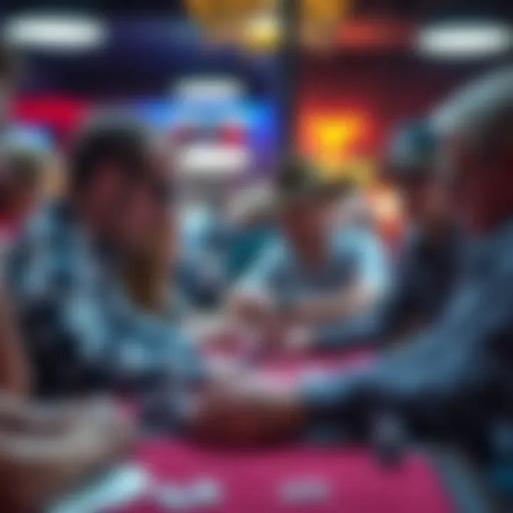 A group of poker players gathered around a table in Texas, deep in thought with cards and chips in front of them.