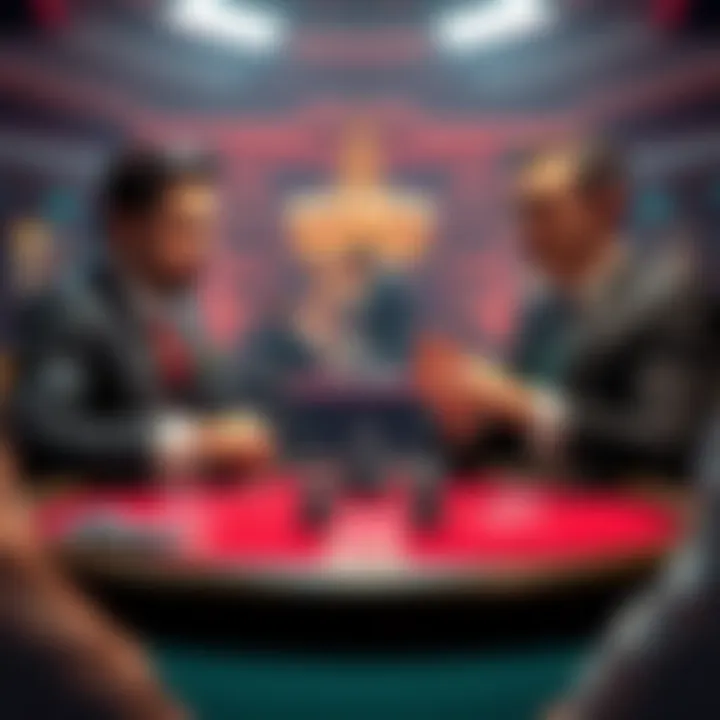 The scene shows two poker players at a table in a tense moment, with chips and cards in front of them. The Hero is contemplating his move while the Villain looks confident. Each has a distinct focus o...
