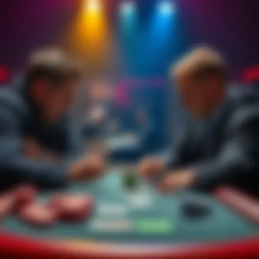 Two poker players face each other at a table during a tense showdown, with cards shown and chips stacked.