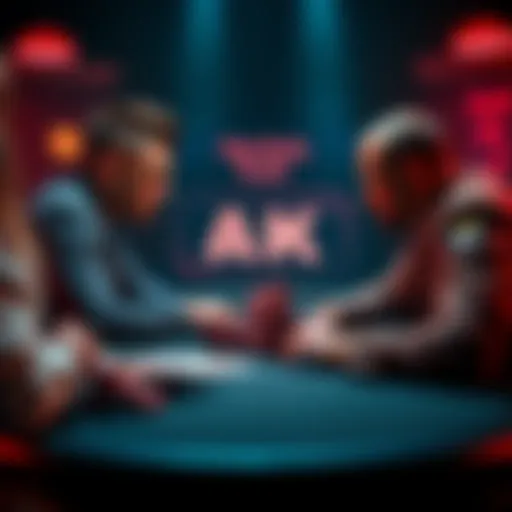 Poker showdown with AK and AA A tense poker match showing AK facing AA, with players focused at the table and chips stacked high