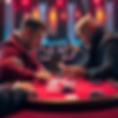 Two players facing off at a poker table with intense expressions, cards in hand, highlighting the tension of the game