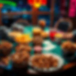 A table set with various snacks like chips, nuts, and drinks for a poker game