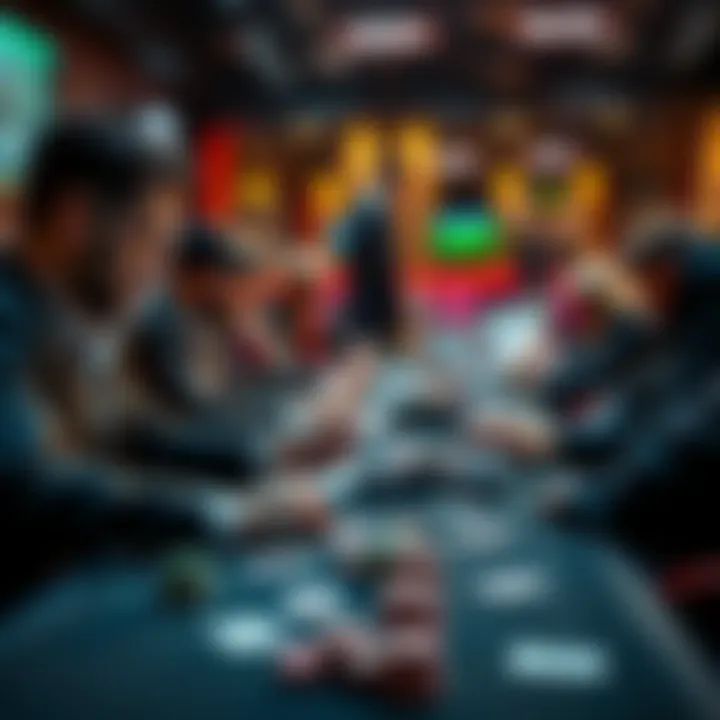 A graphical representation of poker strategies and solver technology with players in the background analyzing different hands