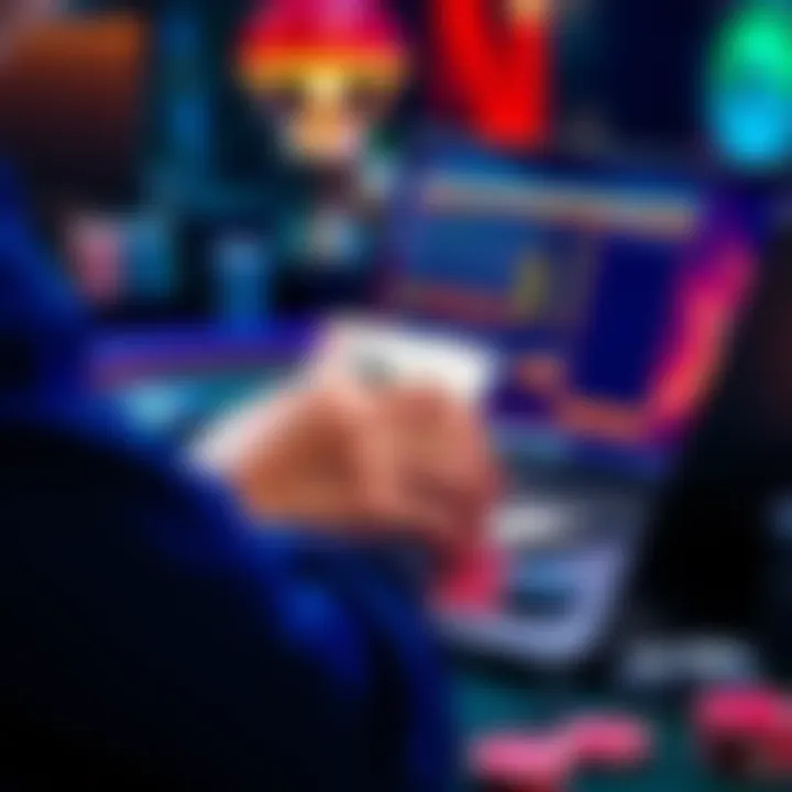 A person analyzing poker hands using a solver on a laptop, surrounded by poker chips and cards.