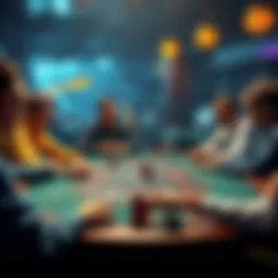 Poker table with splashy players A lively poker game scene showing players making bold moves and unpredictable bets at a table