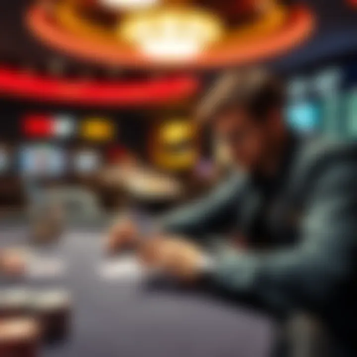 A player analyzing poker statistics at a casino table with chips and cards visible.