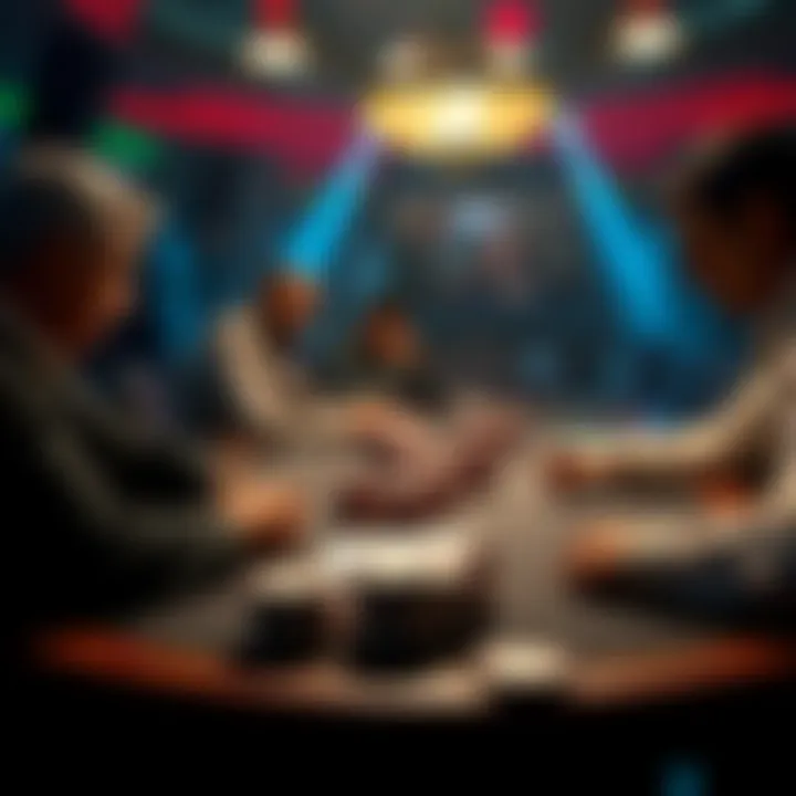 A poker table showing players contemplating their moves, focusing on a hand with JQs against a loose player
