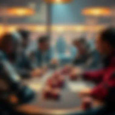 Poker Strategy Discussion A group of players engaged in a lively debate about poker strategies at a table.