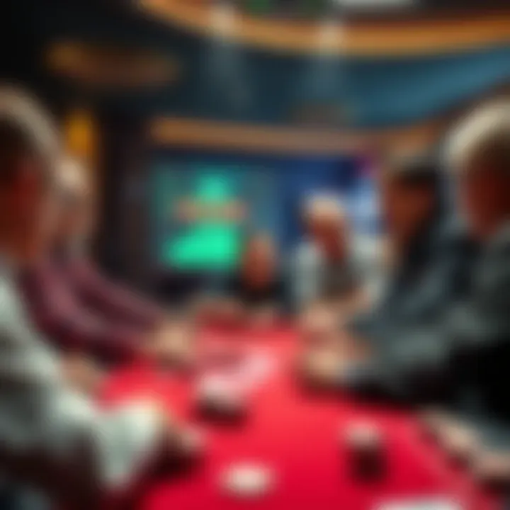 A group of players gathered around a poker table, discussing strategies and tips for improving their game.