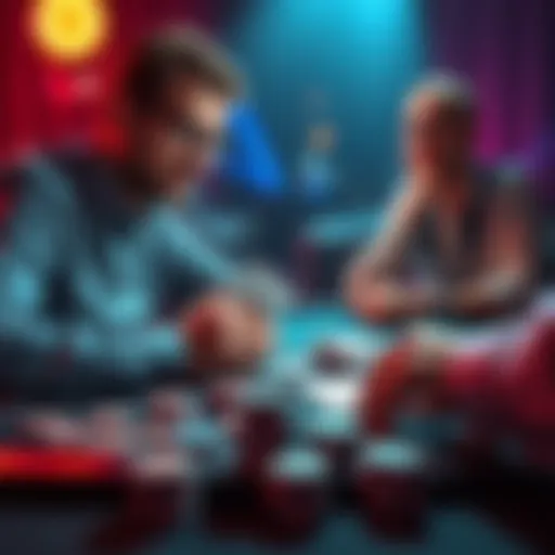 A poker player analyzing a hand with chips and cards on the table