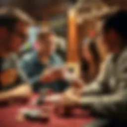 A college student talking to experienced poker players about cash games and tournaments, with poker chips and cards on the table.