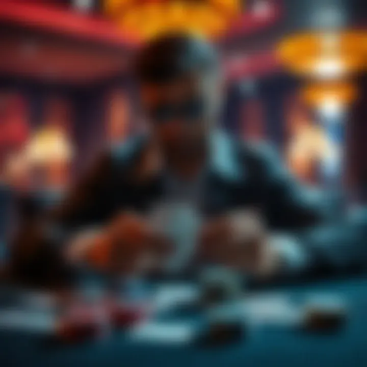 A poker player analyzing cards on a table, focused on developing strategies after the flop.
