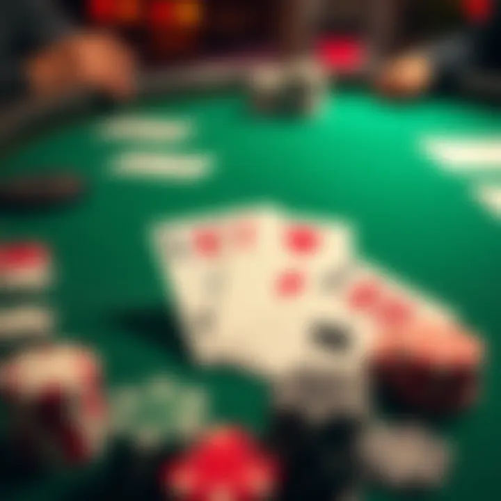 A poker table with cards showing K7s and Q8o, focusing on hand selection for bluffing strategies.