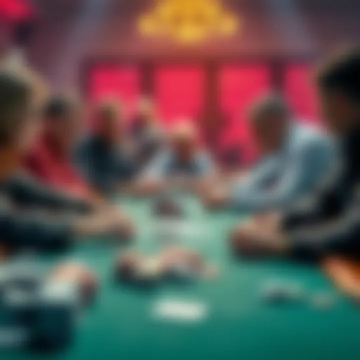 A group of players discussing bold poker strategies at a table with chips and cards.