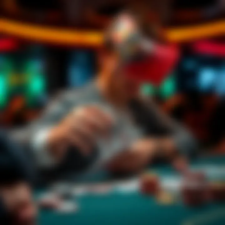 A poker player thoughtfully analyzing their cards and chips at a table, considering options without knowing the opponent's hand.