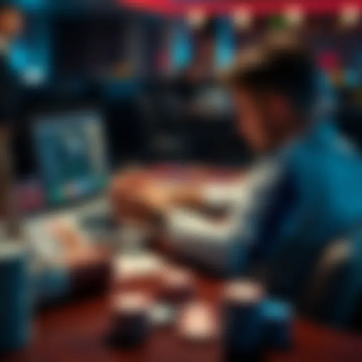 A person studying poker strategies on a laptop with cards and chips on the table