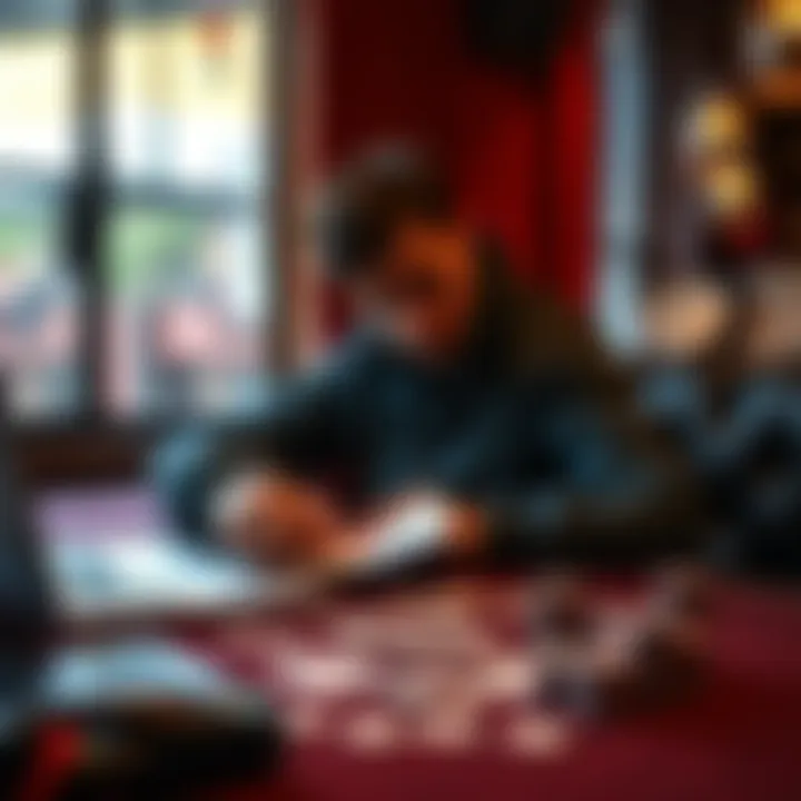 A person studying poker strategies with cards and a laptop on a table