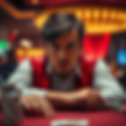 A poker player watches their neighbor closely at the table, suspecting card cheating.