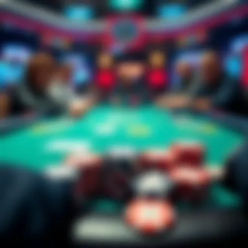 A poker table displaying chips representing a buy-in of 500BB, with players engaged in a game, showcasing strategic play.