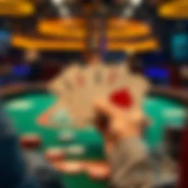 Poker table with Aces in hand A player holds two Aces at a poker table, considering strategies, with chips and cards on the table