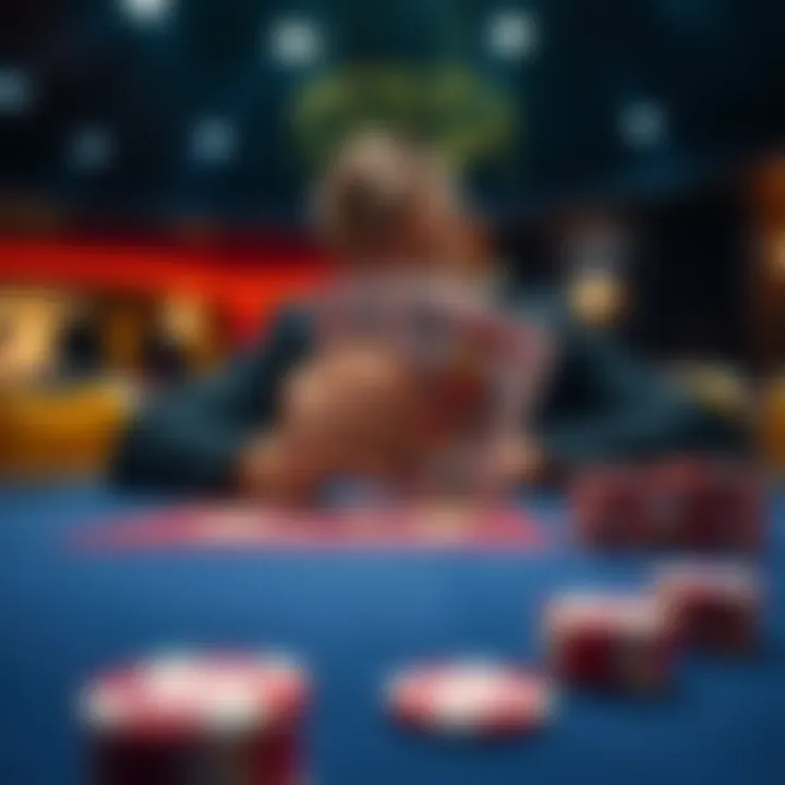 Poker table with AK hand A player at a poker table contemplating a decision with Ace and King cards in hand, showing tension in the game.
