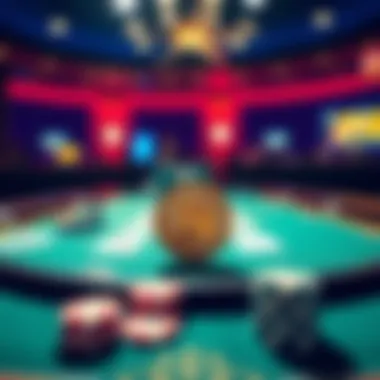 Poker table with Bitcoin A poker table displaying chips and cards, with a Bitcoin symbol prominently shown