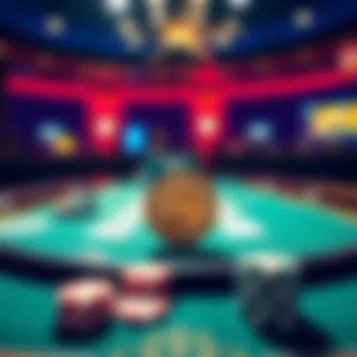 Poker table with Bitcoin A poker table displaying chips and cards, with a Bitcoin symbol prominently shown