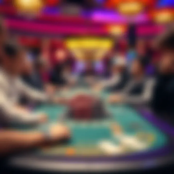 A bustling poker table at Borgata with players focused on their cards and chips stacked in the center.