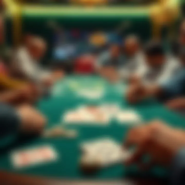 A poker table showing various playing cards including J3 and 62 suited, with players engaged in a game and discussing strategies.