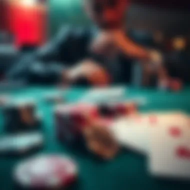 A close-up of poker cards and chips on a table, highlighting a player observing carefully, embodying the nit approach in poker.
