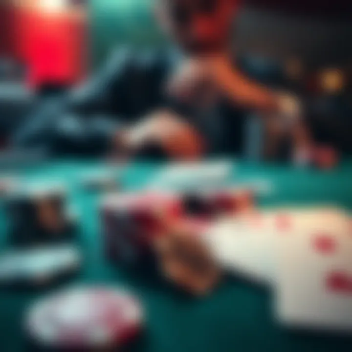 A close-up of poker cards and chips on a table, highlighting a player observing carefully, embodying the nit approach in poker.
