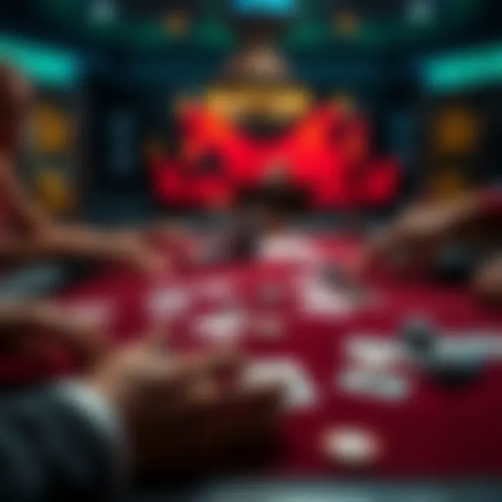 A poker table displaying cards and chips, showing a tense moment in the game with players considering their next move.