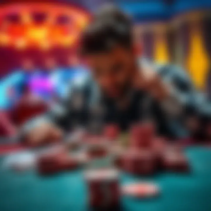 A poker table displaying cards and chips, highlighting intense gameplay and frustration of a professional player.