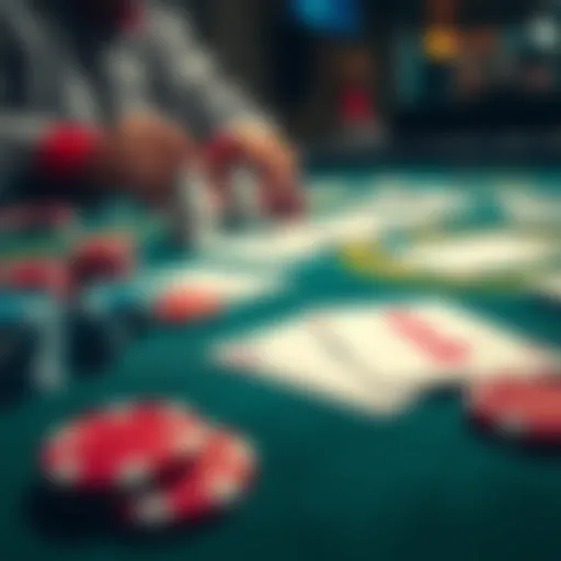 A close-up of a poker table showing cards and poker chips during a game, highlighting the tension of a critical moment.