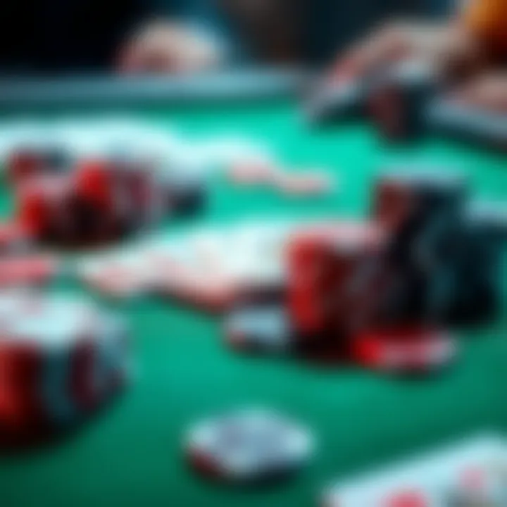 A close-up view of a poker table featuring playing cards and poker chips, illustrating a game in progress.
