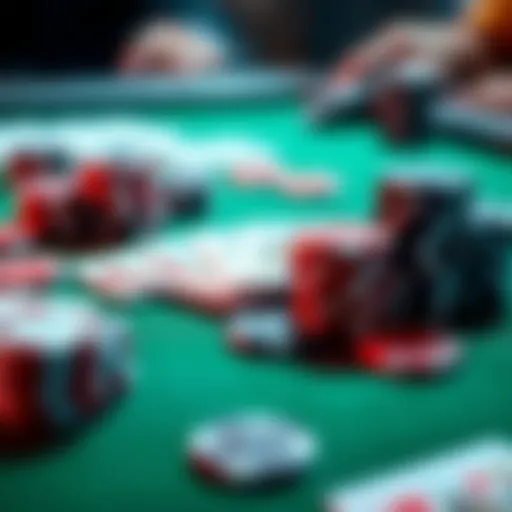 Poker table with cards and chips A close-up view of a poker table featuring playing cards and poker chips, illustrating a game in progress.