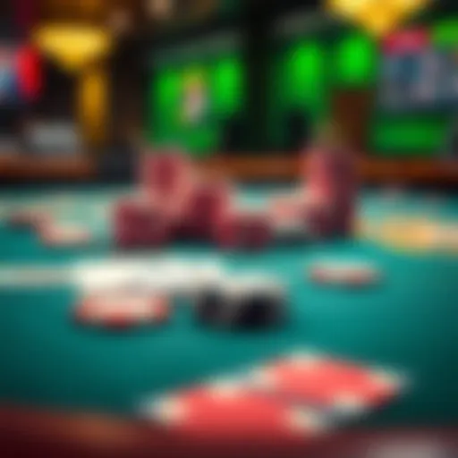 A close-up of a poker table showing cards and chips, symbolizing online poker gameplay