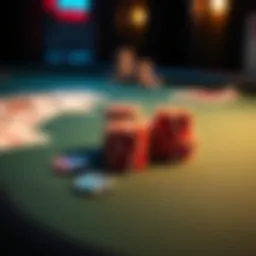 Poker table with cards and chips A close-up view of a poker table featuring playing cards and poker chips, capturing a tense moment in the game.