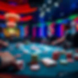 Poker table with chips and cards A lively poker table set with colorful chips and playing cards during a cash game at the WSOP