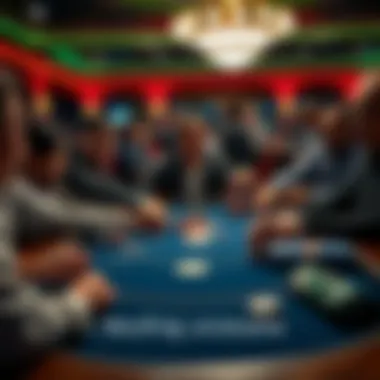 Poker Table at Casino A confident poker player at a casino table, handling chips with ease and surrounded by focused players.