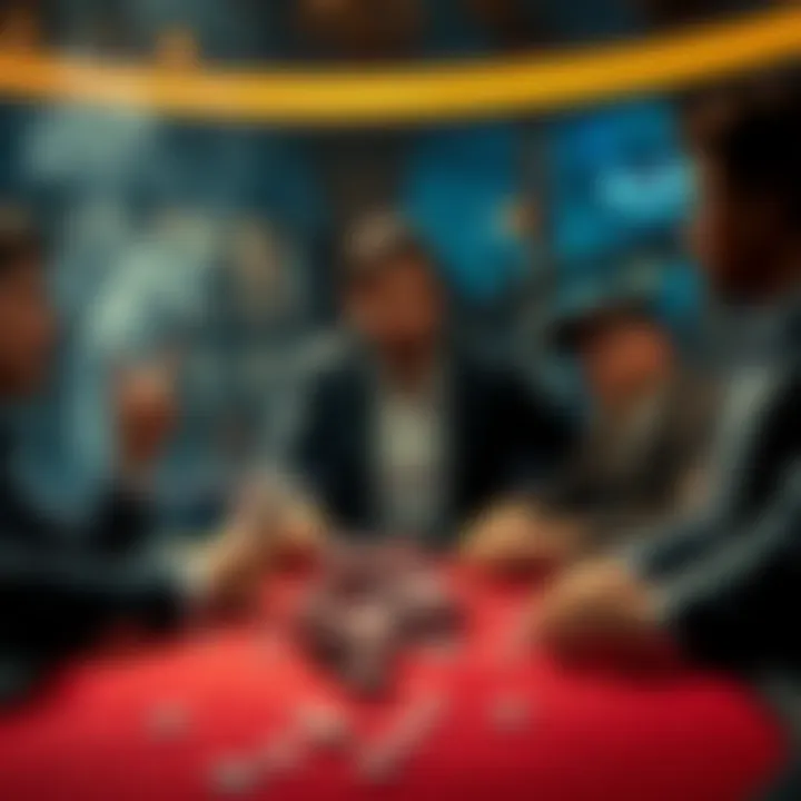 A chaotic scene at a poker table with players looking shocked and animated as a dealer reveals a controversial hand, chips scattered around.