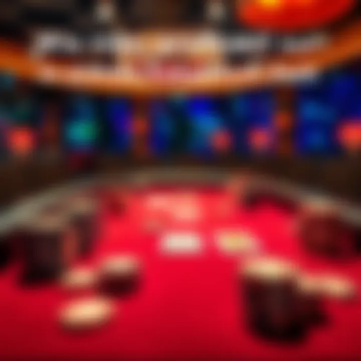 A poker table set with cards and poker chips, showing a lively game atmosphere