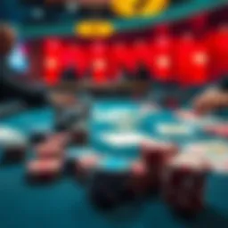 A poker table featuring various chips and cards, focusing on a player contemplating their bet size in a loose 1/2 casino game
