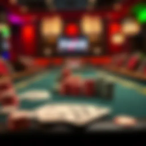 A poker table set up with various playing cards and colorful chips ready for a game