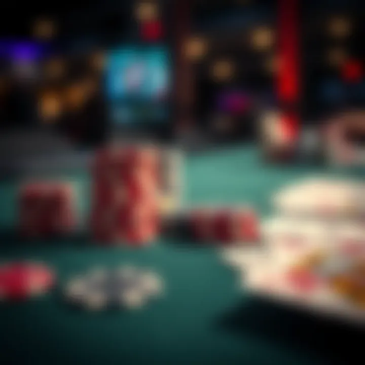 A close-up of a poker table showing stacks of chips and playing cards during a game.