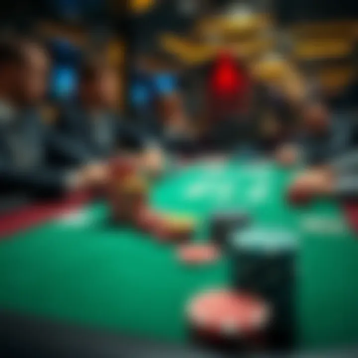 A poker table displaying cards, chips, and players focused on the game