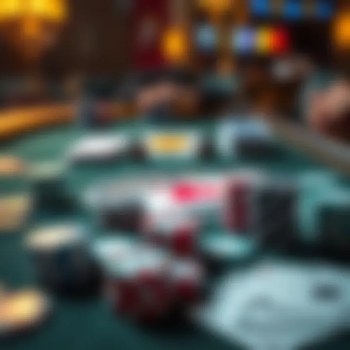 A poker table showcasing various chips and playing cards during an intense game