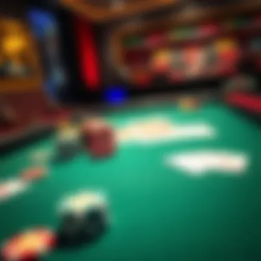 A poker table featuring colorful chips and playing cards, illustrating an online casino setting.