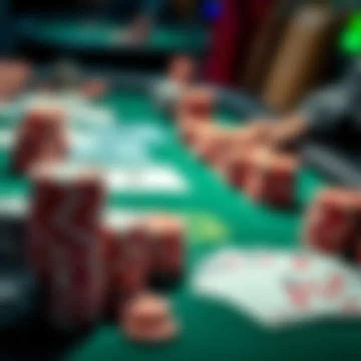 Poker table with chips and cards Close-up of a poker table showing stacked chips and playing cards, illustrating strategies for live poker betting.